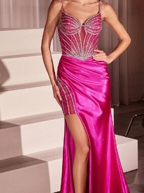 Fuchsia Embellished Satin Evening Gown with Sheer Beaded Bodice